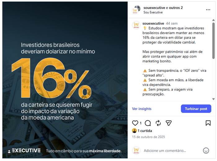 Post Sou Executive: investidores deveriam dolarizar no mínimo 16% da carteira