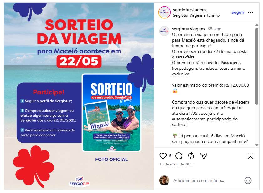 Sorteio da viagem com tudo pago — Sergiotur Viagens e Turismo